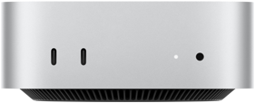 Mac mini, önden görünüm, iki adet Thunderbolt bağlantı noktası, durum göstergesi ışığı ve kulaklık jakı, altta konik tasarımlı siyah taban, düz üst yüzey, yuvarlatılmış köşeler, düz kenarlar, gümüş rengi