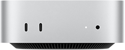 Mac mini, önden görünüm, iki adet Thunderbolt bağlantı noktası, durum göstergesi ışığı ve kulaklık jakı, altta konik tasarımlı siyah taban, düz üst yüzey, yuvarlatılmış köşeler, düz kenarlar, gümüş rengi