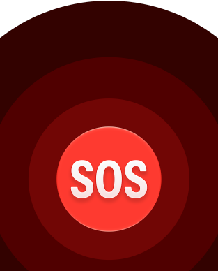 Acil SOS simgesi, iç içe kırmızı halkalar ve ortada beyaz renk SOS yazısı