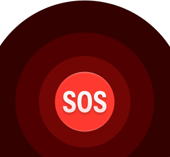 Acil SOS simgesi, iç içe kırmızı halkalar ve ortada beyaz renk SOS yazısı