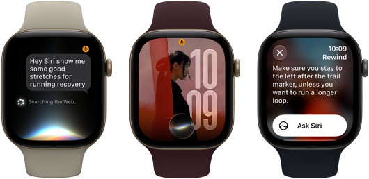 Üç adet Apple Watch Series 12 aygıtı, kum beji renk Spor Kordon takılı aygıt uçuk altın rengi alüminyum kasaya sahip ve Siri AI sohbetini gösteriyor, burgonya renk Spor Kordon takılı aygıt uçuk altın rengi alüminyum kasaya sahip ve Siri AI komplikasyonunun bulunduğu saat kadranında kişiselleştirilmiş bir fotoğrafı gösteriyor, siyah renk Spor Kordon takılı aygıt uzay grisi alüminyum kasaya sahip ve Siri Özeti özelliğini gösteriyor