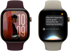 Üç adet Apple Watch Series 12 aygıtı, kum beji renk Spor Kordon takılı aygıt uçuk altın rengi alüminyum kasaya sahip ve Siri AI sohbetini gösteriyor, burgonya renk Spor Kordon takılı aygıt uçuk altın rengi alüminyum kasaya sahip ve Siri AI komplikasyonunun bulunduğu saat kadranında kişiselleştirilmiş bir fotoğrafı gösteriyor, siyah renk Spor Kordon takılı aygıt uzay grisi alüminyum kasaya sahip ve Siri Özeti özelliğini gösteriyor