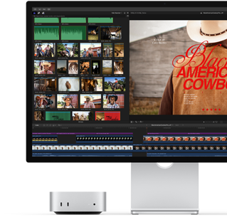 Studio Display ile eşleştirilmiş Mac mini, ekranın sağ tarafında Black American Cowboy adlı filmin başlık ekranı ve sol tarafında filmden birkaç kare gösteriliyor