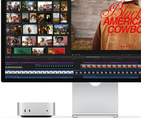 Studio Display ile eşleştirilmiş Mac mini, ekranın sağ tarafında Black American Cowboy adlı filmin başlık ekranı ve sol tarafında filmden birkaç kare gösteriliyor