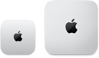 İki adet Mac mini aygıtı, üstten görünüm, gümüş rengi alüminyum, yuvarlatılmış köşeler, ortalanmış parlak siyah Apple logosu, soldaki aygıt güncel sürüm ve sağdaki aygıtın yarısından daha az yer kaplıyor