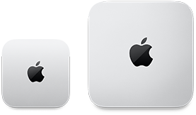 İki adet Mac mini aygıtı, üstten görünüm, gümüş rengi alüminyum, yuvarlatılmış köşeler, ortalanmış parlak siyah Apple logosu, soldaki aygıt güncel sürüm ve sağdaki aygıtın yarısından daha az yer kaplıyor