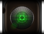 Apple Watch Series 12’nin arkadan görünümü, alüminyum kasa, koyu bronz renk, parlak yeşil LED ışıklı birden çok yuvarlak sensör, sol dış görünüm, Digital Crown, Spor Kordon, klasik zeytin yeşili renk