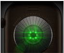Apple Watch Series 12’nin arkadan görünümü, alüminyum kasa, koyu bronz renk, parlak yeşil LED ışıklı birden çok yuvarlak sensör, sol dış görünüm, Digital Crown, Spor Kordon, klasik zeytin yeşili renk