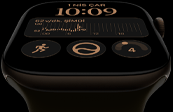 Apple Watch Series 12, alüminyum kasa, koyu bronz renk, Modüler saat kadranı, komplikasyonlar: gün ve tarih, Antrenmanlar, Aktivite halkaları, Apple Music, sağ dış görünüm, Digital Crown, Spor Kordon, klasik zeytin yeşili renk