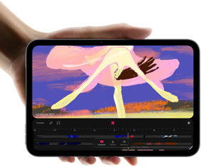 iPad mini, elde tutuluyor, önden görünüm, renkli klipler içeren video düzenleme arayüzü gösteriliyor, aşağıda A20 Pro çip belirtiliyor