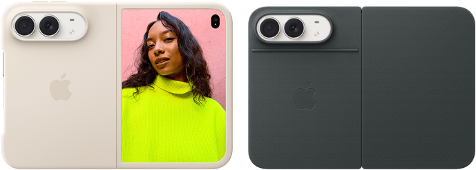 iPhone Duo, Yıldız Rengi, Kum Beji Silikon Kılıf takılı, yatay pozisyonda, tam açık ve yatay pozisyonda, sol üstte Dual Fusion kameralar, kılıf arka dış yüzeyi ve ön ekranın dış kenarlarını kapatıyor, sağ taraftaki dış ekranda bir kişinin portresi yer alıyor. iPhone Duo, Yıldız Rengi, tam açık ve yatay pozisyonda, Lacivert renkte Stantlı Folio takılı, arkadan dış görünümde 48 MP Dual Fusion arka kameralar ve iki lens yer alıyor