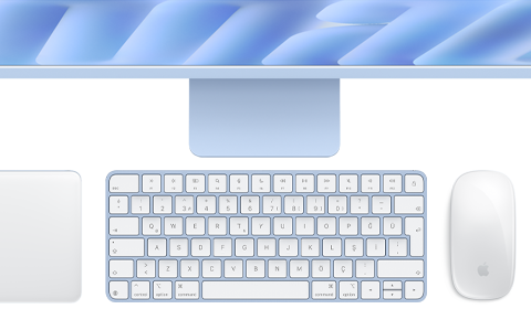 Touch ID özellikli Magic Keyboard, mavi renk, Magic Trackpad, Magic Mouse