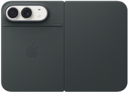 iPhone Duo, Yıldız Rengi, Kum Beji Silikon Kılıf takılı, tam açık ve yatay pozisyonda, sol üstte Dual Fusion kameralar, kılıf arka dış yüzeyi ve ön ekranın dış kenarlarını kapatıyor, sağ taraftaki dış ekranda bir kişinin portresi yer alıyor. iPhone Duo, Yıldız Rengi, tam açık ve yatay pozisyonda, Lacivert renkte Stantlı Folio, tam açık ve yatay pozisyonda, arkadan dış görünümde 48 MP Dual Fusion arka kameralar ve iki lens yer alıyor