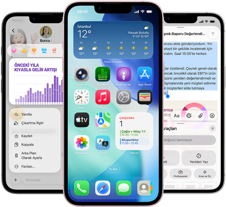Yan yana dizilmiş birkaç iPhone 17e aygıtı, ekranlarında Mesajlar uygulaması üzerinden bir grafik fotoğrafı, Hava Durumu araç takımının ve uygulamaların yer aldığı ana ekran ve Visual Intelligence Yazma Araçları’nın kullanıldığı Notlar uygulaması gösteriliyor