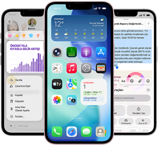 Yan yana dizilmiş birkaç iPhone 17e aygıtı, ekranlarında Mesajlar uygulaması üzerinden bir grafik fotoğrafı, Hava Durumu araç takımının ve uygulamaların yer aldığı ana ekran ve Visual Intelligence Yazma Araçları’nın kullanıldığı Notlar uygulaması gösteriliyor