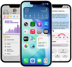 Yan yana dizilmiş birkaç iPhone 17e aygıtı, ekranlarında Mesajlar uygulaması üzerinden bir grafik fotoğrafı, Hava Durumu araç takımının ve uygulamaların yer aldığı ana ekran ve Visual Intelligence Yazma Araçları’nın kullanıldığı Notlar uygulaması gösteriliyor