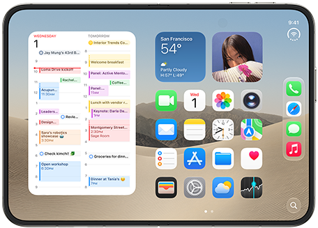 iPhone Duo, açık ve yatay pozisyonda, solda takvim araç takımı gösteriliyor, sağda iOS ana ekranı gösteriliyor