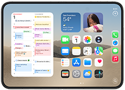 iPhone Duo, açık ve yatay pozisyonda, solda takvim araç takımı gösteriliyor, sağda iOS ana ekranı gösteriliyor