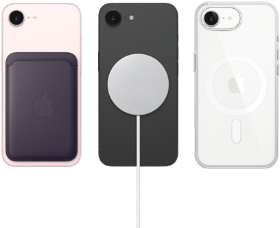 Gece yarısı moru renginde Mikro Dokuma Cüzdan’ın takılı olduğu açık pembe renkte iPhone 17e, MagSafe Şarj Aygıtı’nın takılı olduğu siyah renkte iPhone 17e, MagSafe özellikli Şeffaf Kılıf’ın takılı olduğu beyaz renkte iPhone 17e