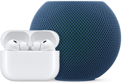 Açık duran şarj kutusunda beyaz renkte AirPods Pro ve mavi renkte HomePod mini