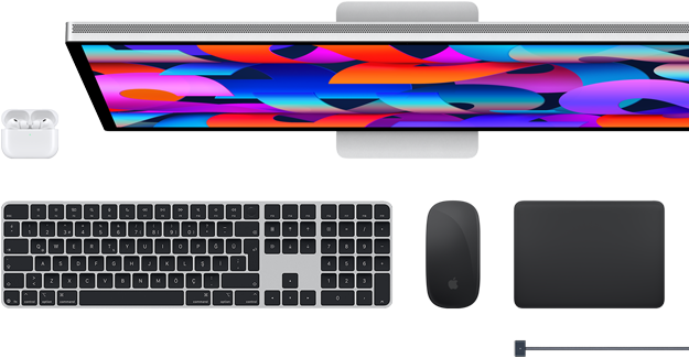 Mac aksesuarları: AirPods, Studio Display, Magic Keyboard, Magic Mouse, Magic Trackpad, MagSafe şarj kablosu