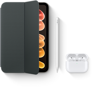 iPad mini, iPad mini (A20 Pro) için Smart Folio, Apple Pencil USB-C ve AirPods Pro 3 olmak üzere uyumlu aksesuarlarla birlikte gösteriliyor