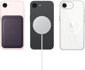 Gece yarısı moru renginde Mikro Dokuma Cüzdan’ın takılı olduğu açık pembe renkte iPhone 17e, MagSafe Şarj Aygıtı’nın takılı olduğu siyah renkte iPhone 17e, MagSafe özellikli Şeffaf Kılıf’ın takılı olduğu beyaz renkte iPhone 17e