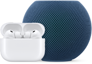 Açık duran şarj kutusunda beyaz renkte AirPods Pro ve mavi renkte HomePod mini