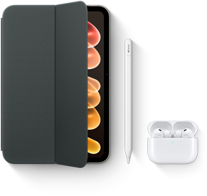 iPad mini, iPad mini (A20 Pro) için Smart Folio, Apple Pencil USB-C ve AirPods Pro 3 olmak üzere uyumlu aksesuarlarla birlikte gösteriliyor