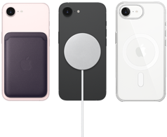 Gece yarısı moru renginde Mikro Dokuma Cüzdan’ın takılı olduğu açık pembe renkte iPhone 17e, MagSafe Şarj Aygıtı’nın takılı olduğu siyah renkte iPhone 17e, MagSafe özellikli Şeffaf Kılıf’ın takılı olduğu beyaz renkte iPhone 17e