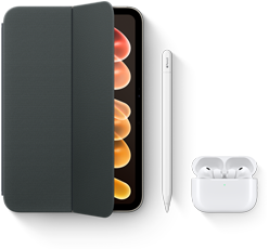 iPad mini, iPad mini (A20 Pro) için Smart Folio, Apple Pencil USB-C ve AirPods Pro 3 olmak üzere uyumlu aksesuarlarla birlikte gösteriliyor