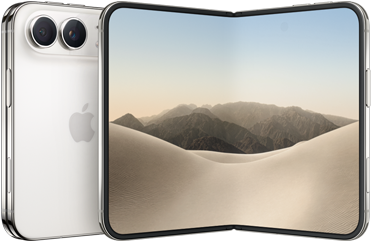 iPhone Duo, katlanmış pozisyonda arkadan dış görünüm, Yıldız Rengi, sol üstte Dual Fusion kamera sistemi, ortada Apple logosu. Açık halde iç ekran, tam ekran tasarımı, yuvarlatılmış köşeler