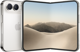  iPhone Duo, arkaya katlanmış dış görünüm, Yıldız Rengi, sol üstte Dual Fusion kamera sistemi, ortada Apple logosu. Açık halde iç ekran, tam ekran tasarımı, yuvarlatılmış köşeler
