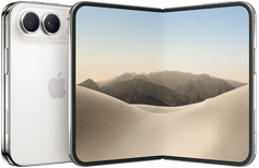  iPhone Duo, arkaya katlanmış dış görünüm, Yıldız Rengi, sol üstte Dual Fusion kamera sistemi, ortada Apple logosu. Açılmış pozisyonda gösterilen iç ekran, tam ekran tasarım, yuvarlatılmış köşeler