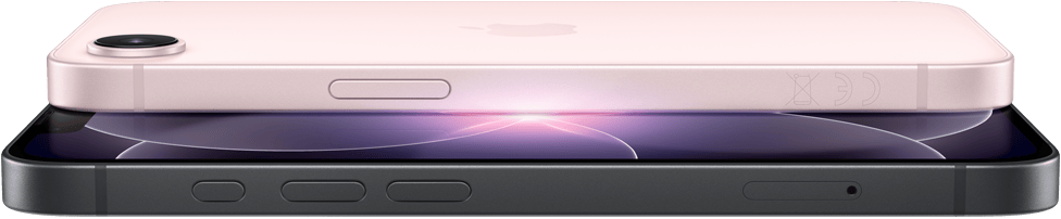 iPhone 17e, yatay pozisyonda yandan ve arkadan dış görünüm, açık pembe renk, iPhone 17e, yatay pozisyonda yandan ve önden dış görünüm, siyah renk