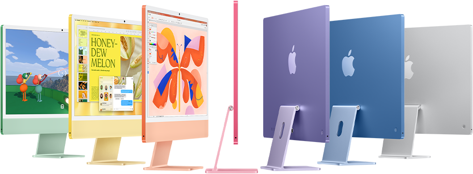 Yeşil, sarı, turuncu, pembe, mor, mavi ve gümüş renklerinde yedi adet iMac modeli akordiyona benzer şekilde sıraya diziliyor