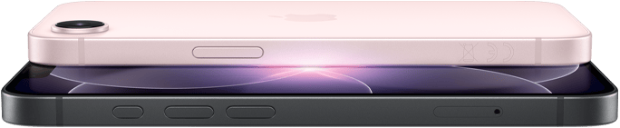 iPhone 17e, yatay pozisyonda yandan ve arkadan dış görünüm, açık pembe renk, iPhone 17e, yatay pozisyonda yandan ve önden dış görünüm, siyah renk