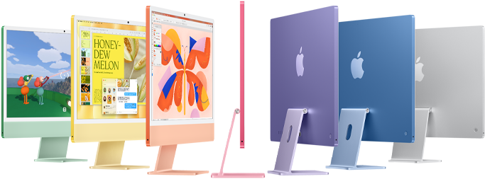 Yeşil, sarı, turuncu, pembe, mor, mavi ve gümüş renklerinde yedi adet iMac modeli akordiyona benzer şekilde sıraya diziliyor