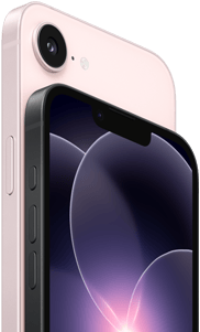 iPhone 17e, yatay pozisyonda yandan ve arkadan dış görünüm, açık pembe renk, iPhone 17e, yatay pozisyonda yandan ve önden dış görünüm, siyah renk