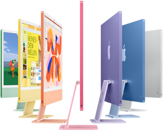 Yeşil, sarı, turuncu, pembe, mor, mavi ve gümüş renklerinde yedi adet iMac modeli akordiyona benzer şekilde sıraya diziliyor