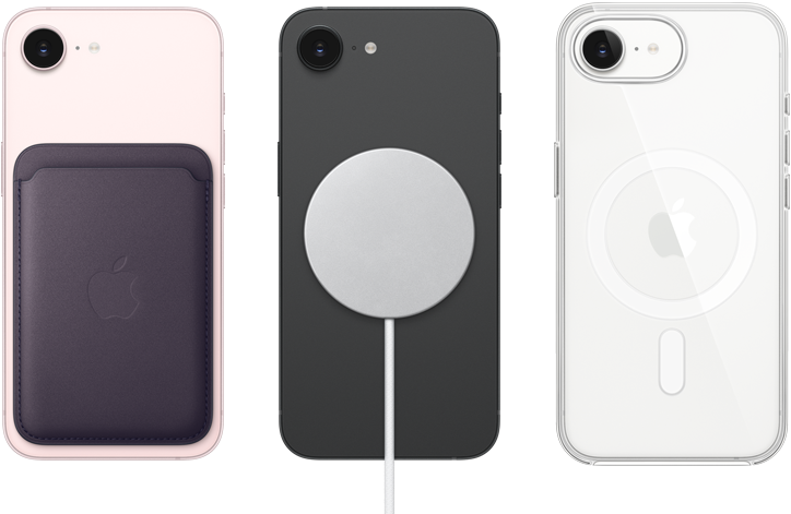 iPhone 17e, arkadan dış görünüm, açık pembe renk, MagSafe özellikli Mikro Dokuma Cüzdan takılı, iPhone 17e, arkadan dış görünüm, siyah renk, MagSafe Şarj Aygıtı takılı, iPhone 17e, arkadan dış görünüm, beyaz renk, MagSafe özellikli Şeffaf Kılıf takılı
