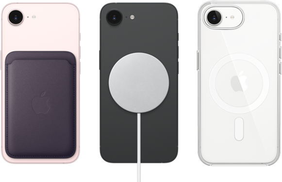iPhone 17e, arkadan dış görünüm, açık pembe renk, MagSafe özellikli Mikro Dokuma Cüzdan takılı, iPhone 17e, arkadan dış görünüm, siyah renk, MagSafe Şarj Aygıtı takılı, iPhone 17e, arkadan dış görünüm, beyaz renk, MagSafe özellikli Şeffaf Kılıf takılı