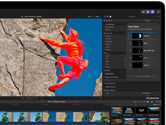 MacBook Pro, Final Cut Pro, Otomatik Maske paneli, Kişiler kategorisi seçili, ek kategoriler: ten, ten ve yüz, saç, ağız; arka plandaki mavi gökyüzünün önünde kayalık bir yamaca tırmanan kişi kırmızı tonlarda gösteriliyor