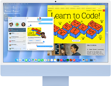 iMac, önden dış görünüm, mavi, ekranında Mesajlar uygulaması ve ‘Learn to Code’ web sitesi gösteriliyor