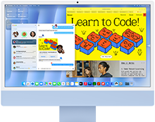 iMac, önden dış görünüm, mavi, ekranında Mesajlar uygulaması ve ‘Learn to Code’ web sitesi gösteriliyor