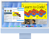 iMac, önden dış görünüm, mavi, ekranında Mesajlar uygulaması ve ‘Learn to Code’ web sitesi gösteriliyor
