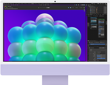 iMac, önden dış görünüm, mor, ekranında bir görsel düzenleme uygulamasında renkli baloncuklardan oluşan bir yapı gösteriliyor