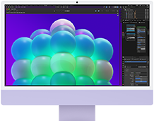 iMac, önden dış görünüm, mor, ekranında bir görsel düzenleme uygulamasında renkli baloncuklardan oluşan bir yapı gösteriliyor