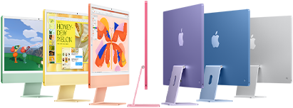 Yeşil, sarı, turuncu, pembe, mor, mavi ve gümüş renklerinde yedi adet iMac modeli akordiyon diziliminde gösteriliyor
