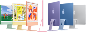 Yeşil, sarı, turuncu, pembe, mor, mavi ve gümüş renklerinde yedi adet iMac modeli akordiyon diziliminde gösteriliyor